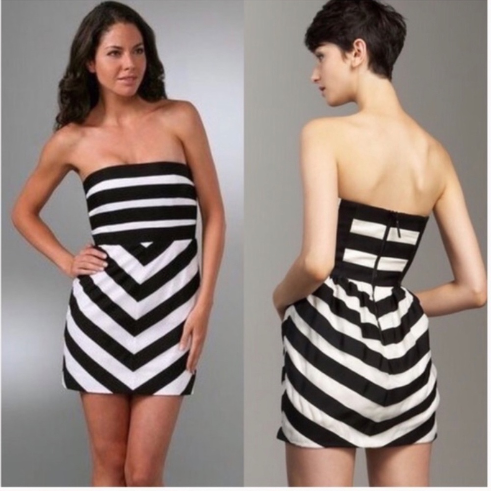 Alice + Olivia Striped Black & White Strapless Mini Dress